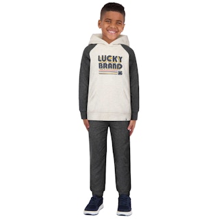 child wearing a 2 piece lucky brand set with black pants and a hoodie