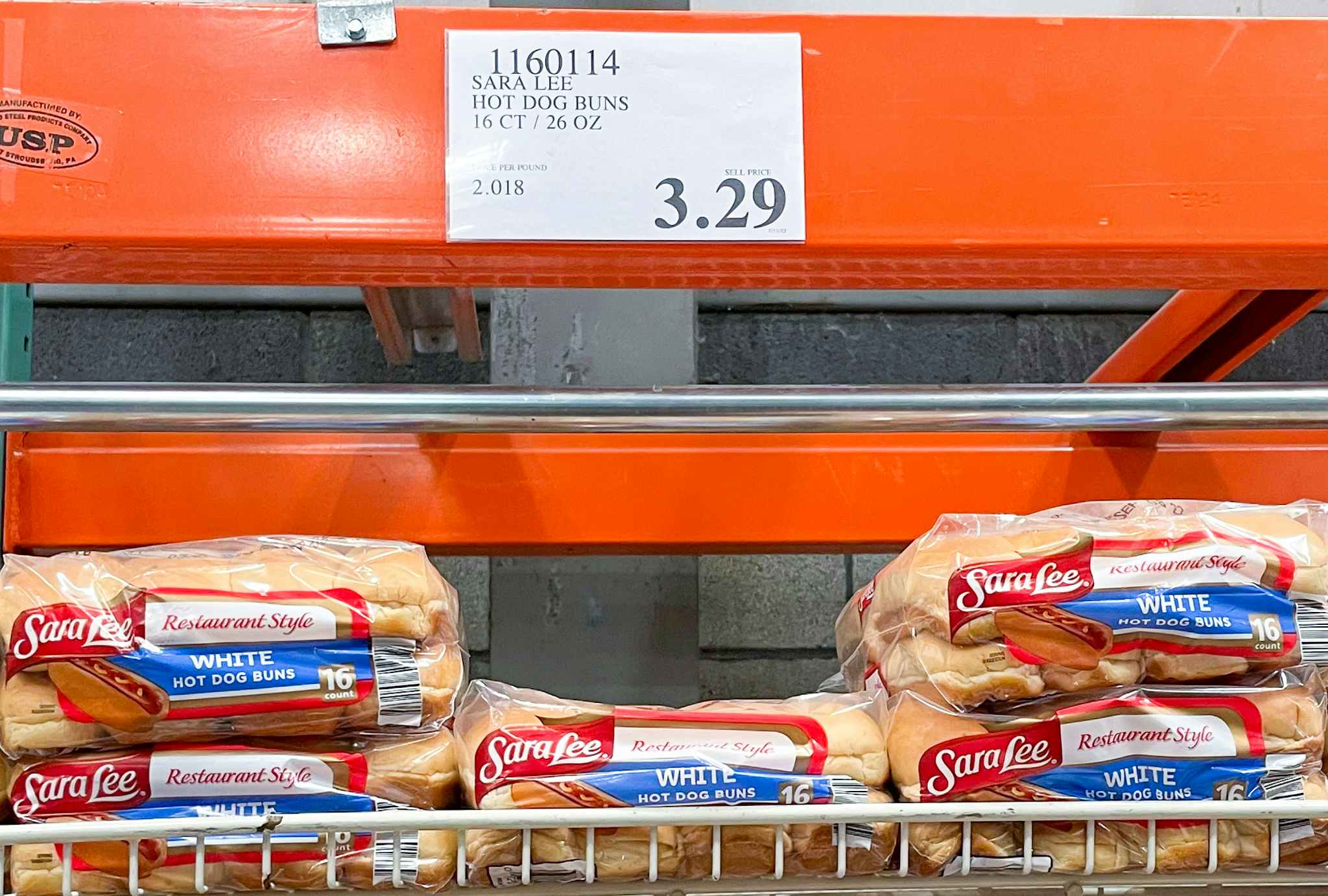 16 count hot dog buns on a shelf with sale sign at costco 