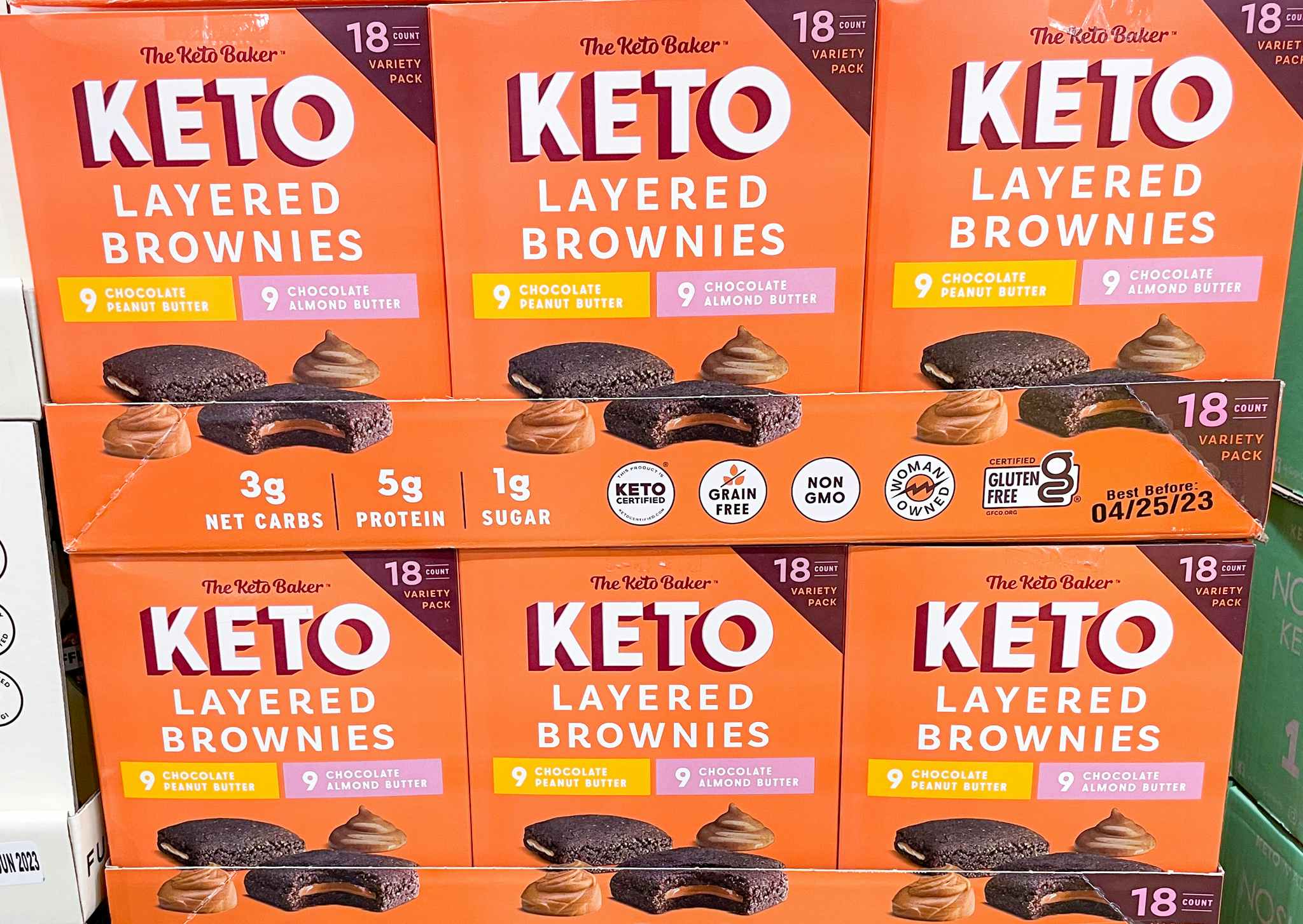 keto brownies in a box on a shelf at costco