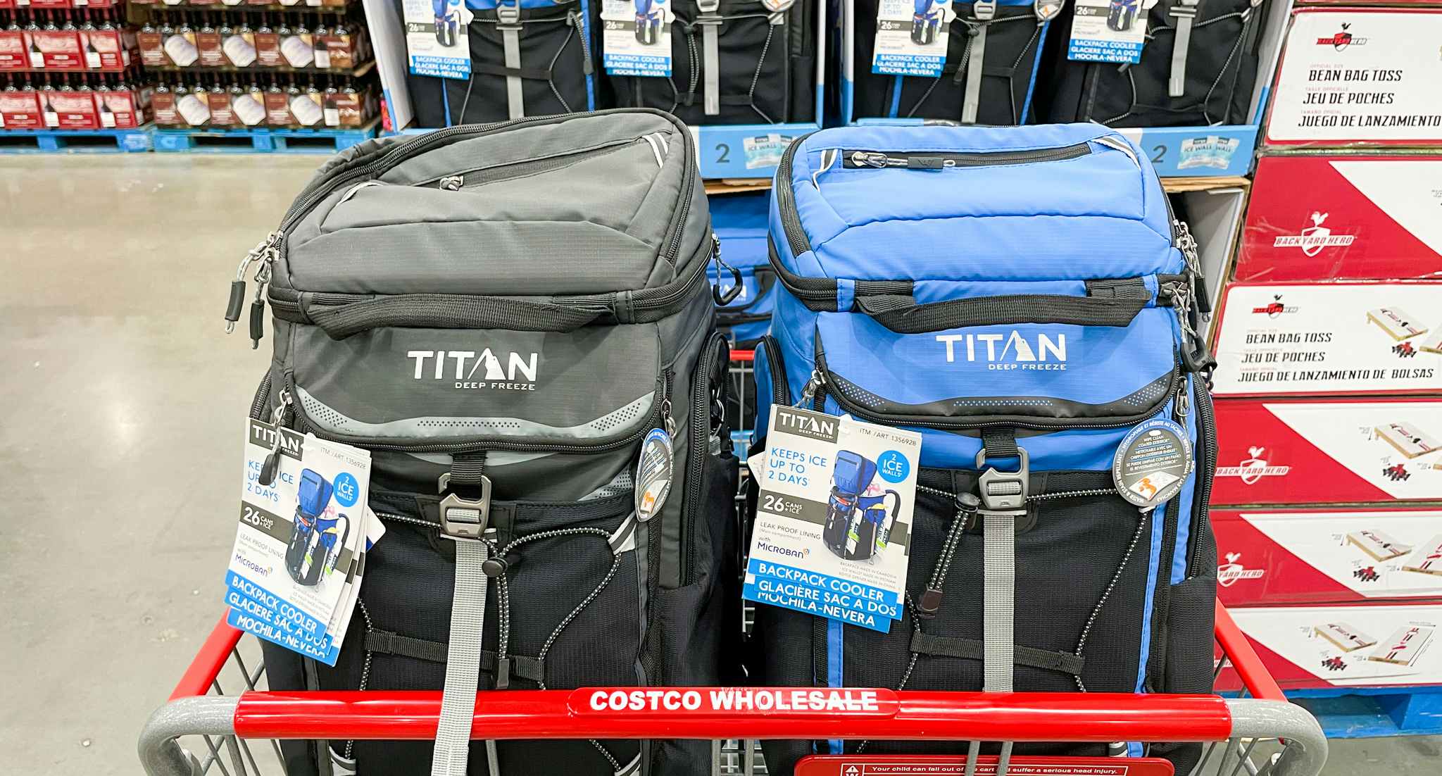 backpack coolers in a cart at costco