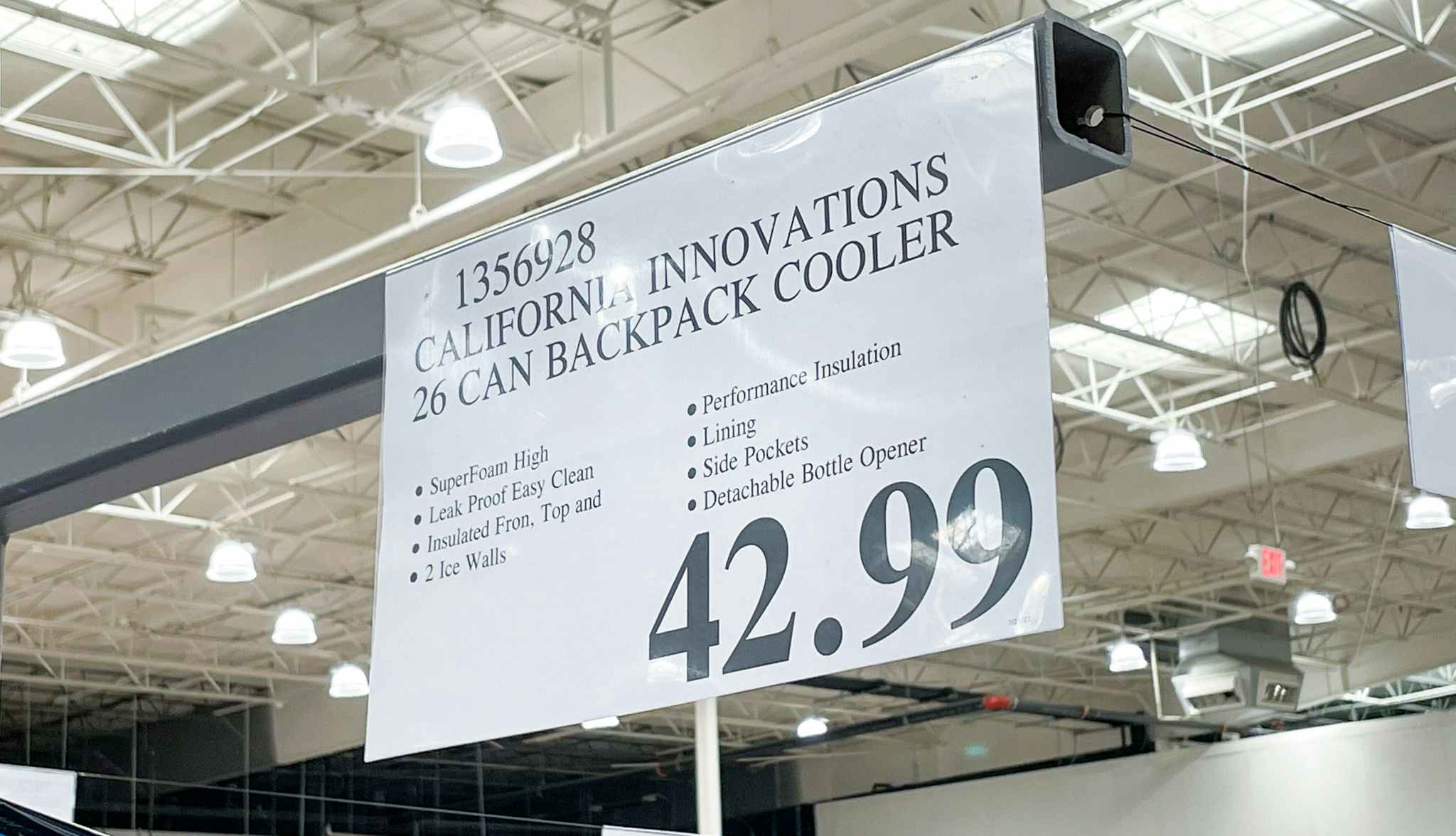 sales sign for a backpack cooler at costco