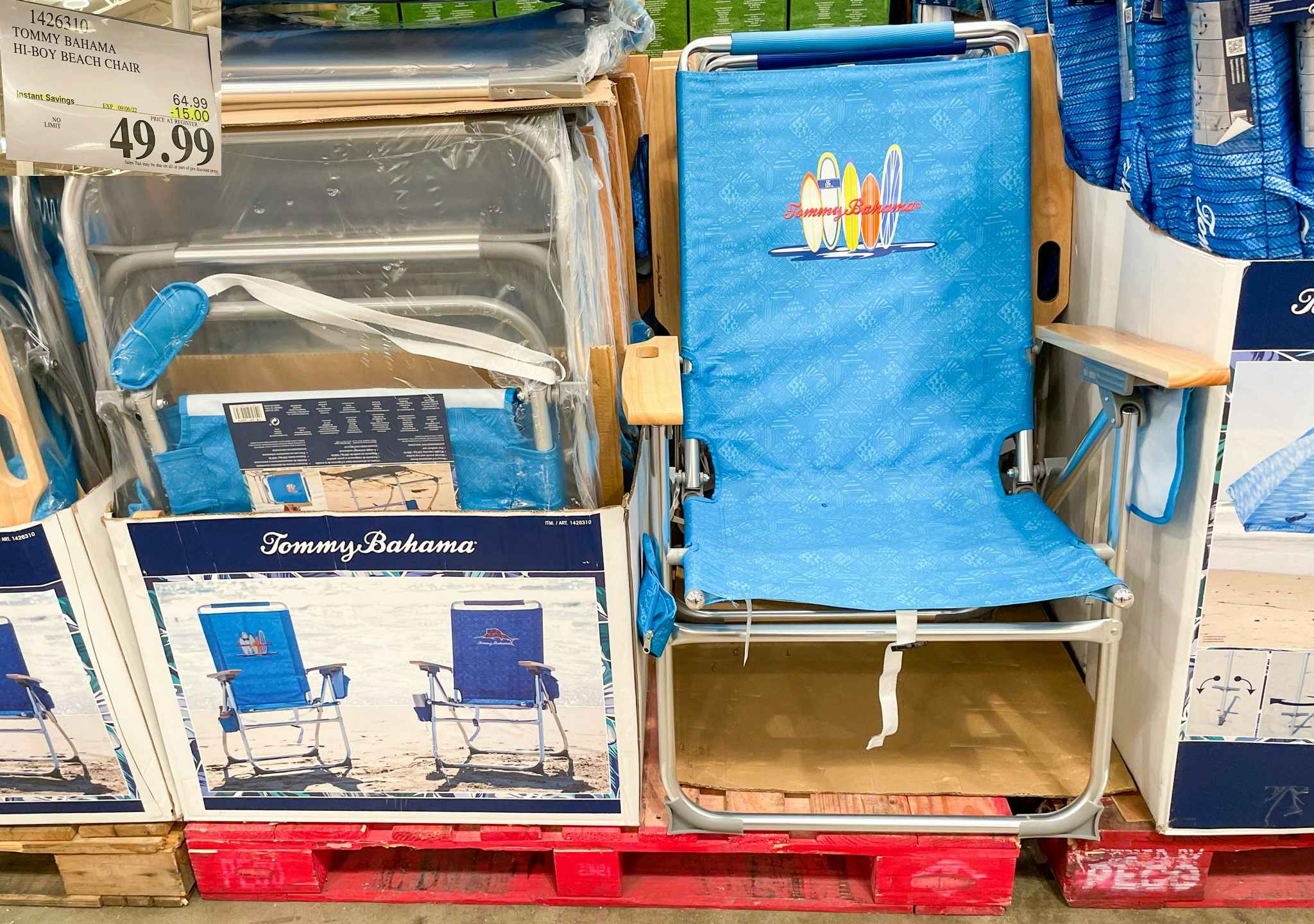 tommy bahama beach chair with sale sign at costco