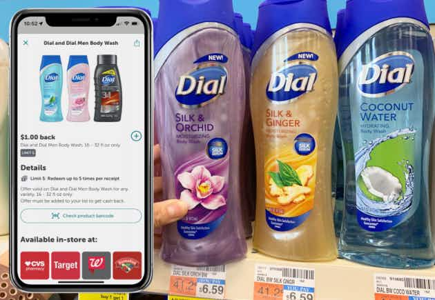 an iphone with an ibotta deal for $1 back on dial body wash next to three dial body washes on the shelf at cvs