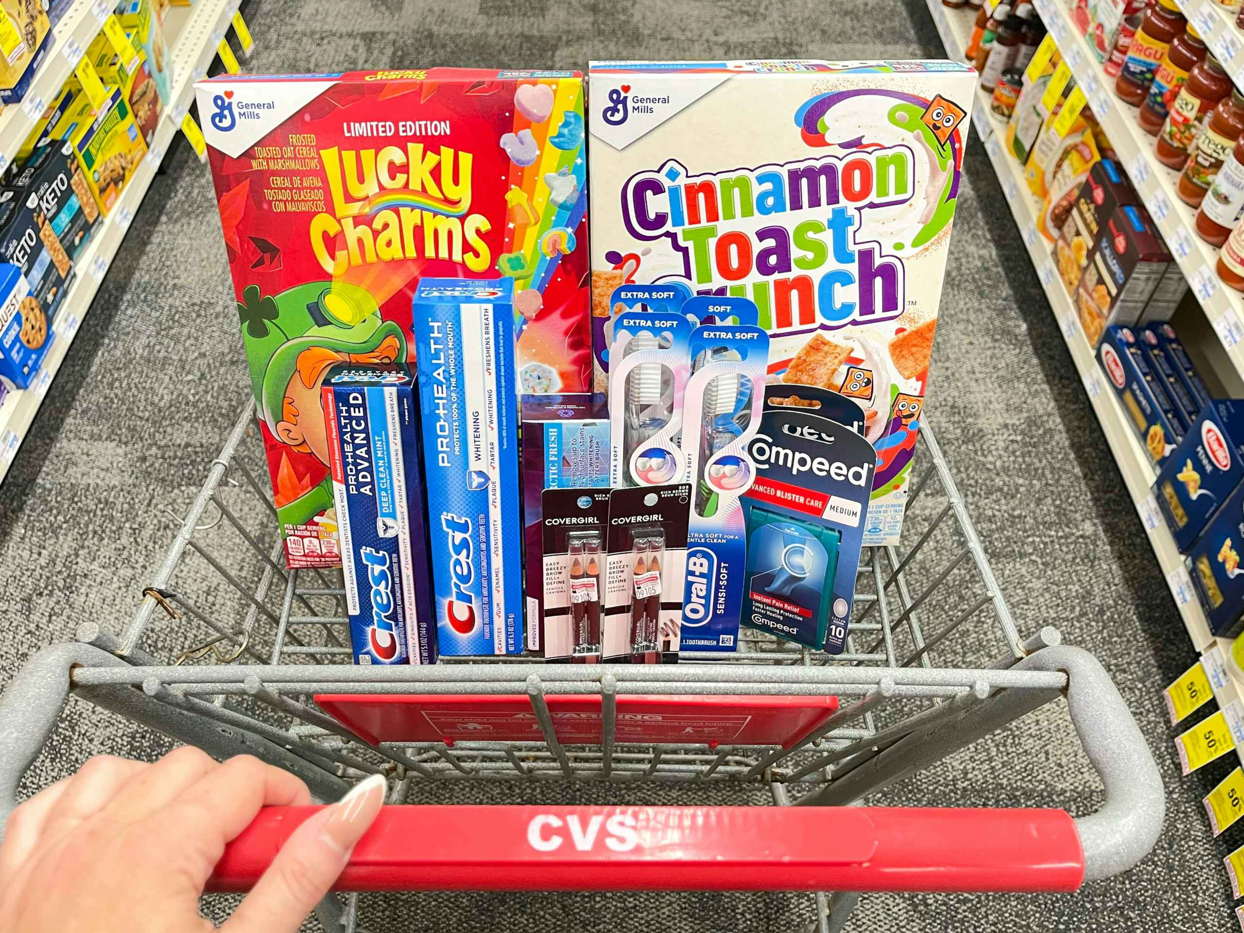 general mills, oral-b, crest, compeed, and covergirl haul in cvs shopping cart