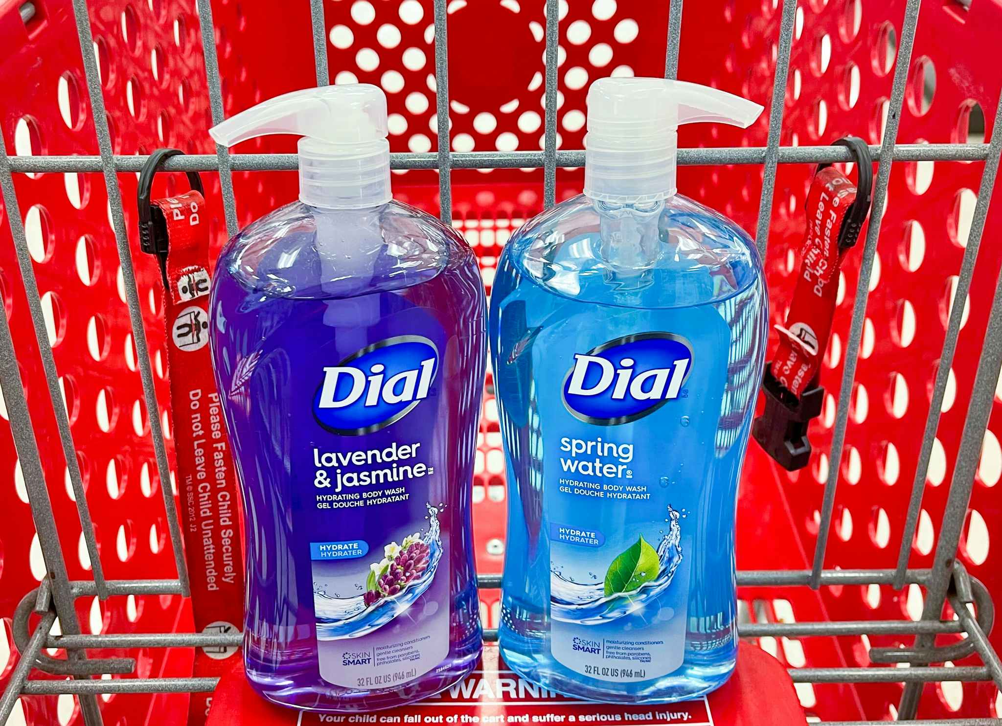 two bottles of dial in a Target shopping cart