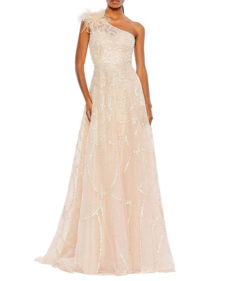 Dillard's Mac Duggal one-shoulder wedding dress model