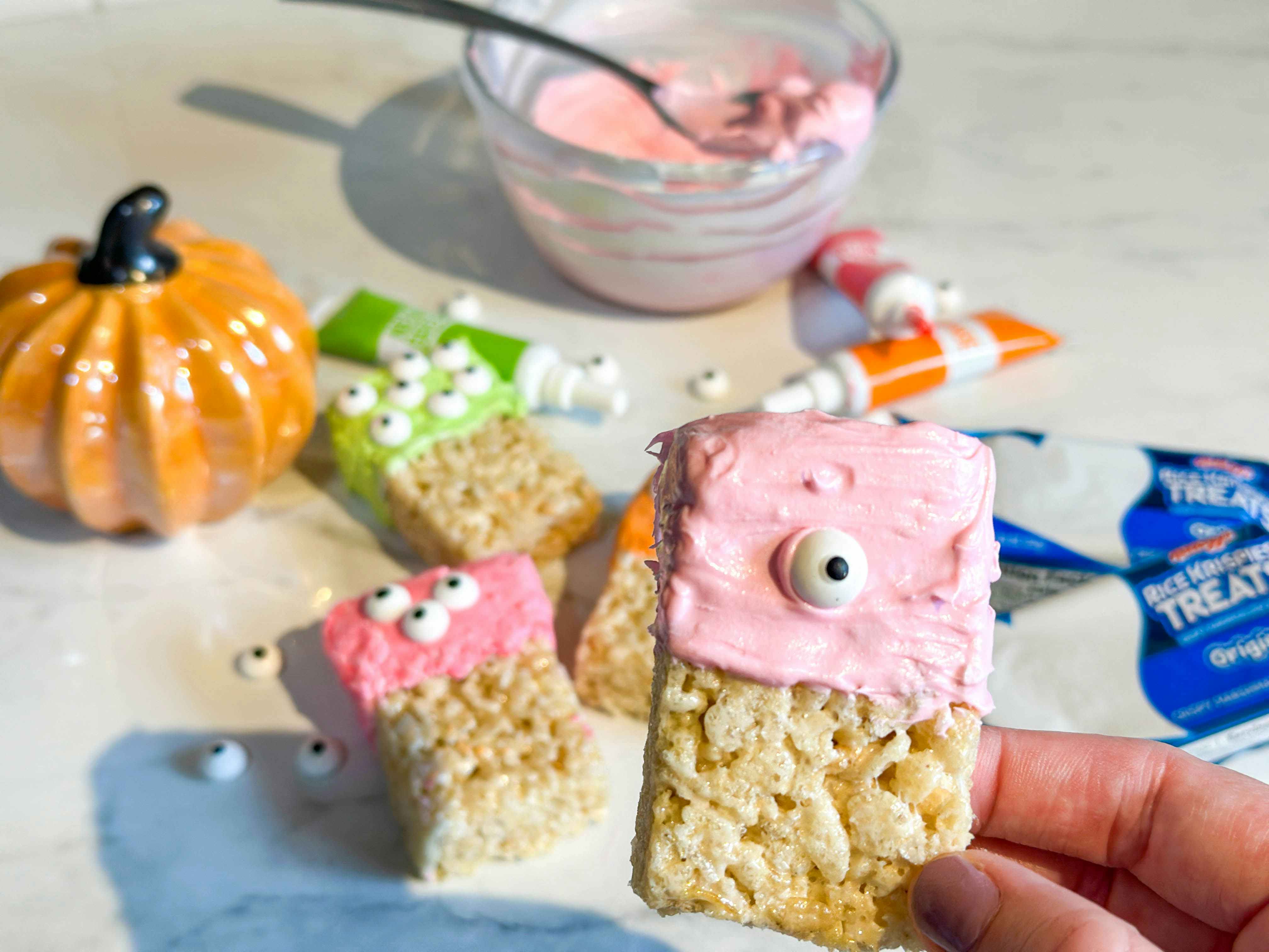 diy moster rice krispy treats with supplies on counter 