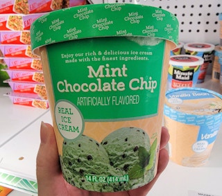 hand holding a tub of mint chocolate chip ice cream