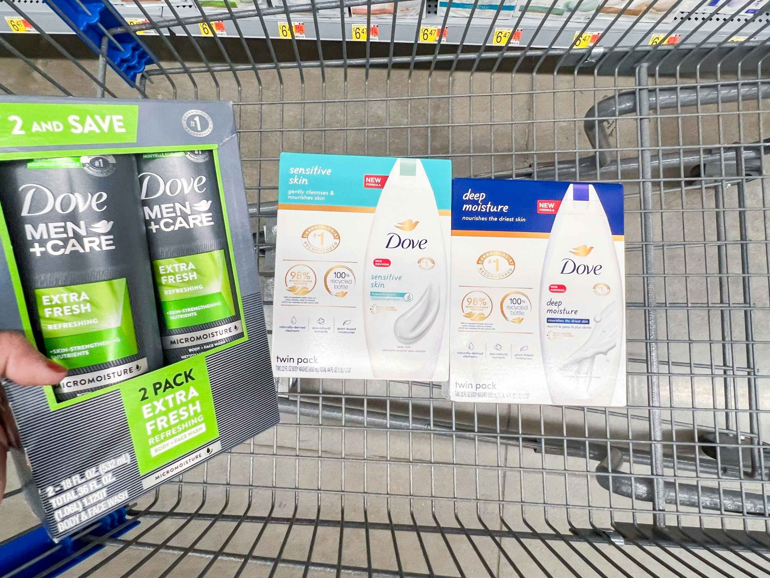 boxes of two-pack Dove body wash in Walmart shopping cart