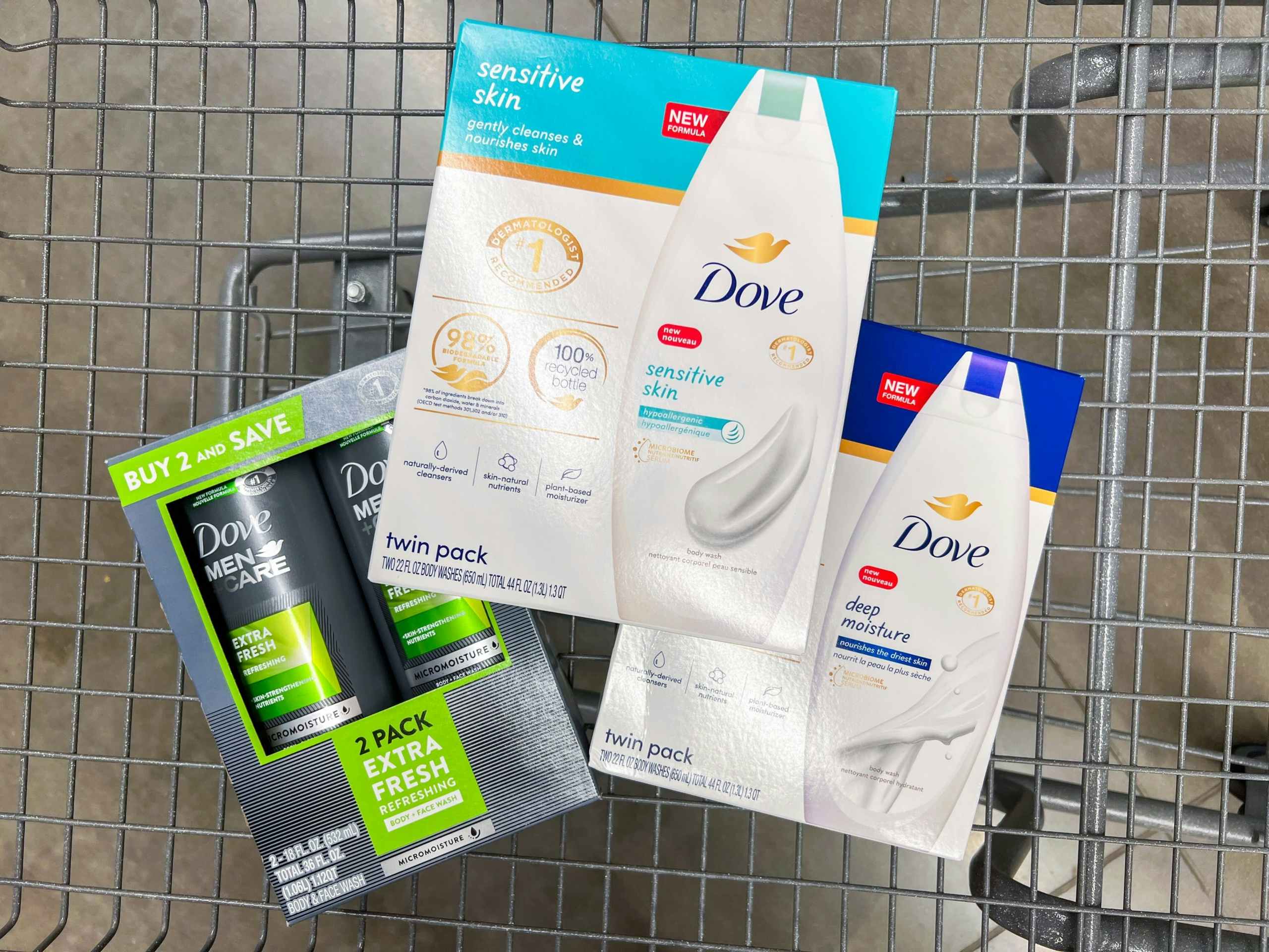 boxes of two-pack Dove body wash in Walmart shopping cart