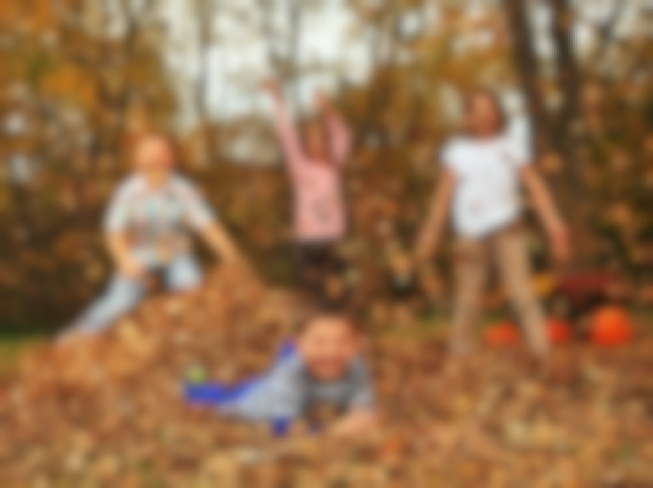 kids playing in a pile of fall leaves