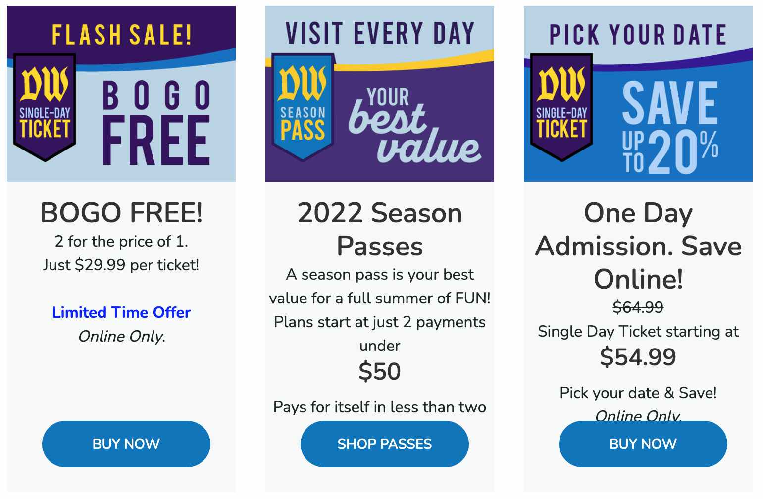 A screenshot of Dutch Wonderland's Every Day ticket sale offerings.