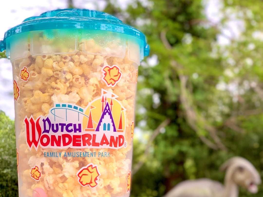 A person holding up a Dutch Wonderland souvenir popcorn bucket.