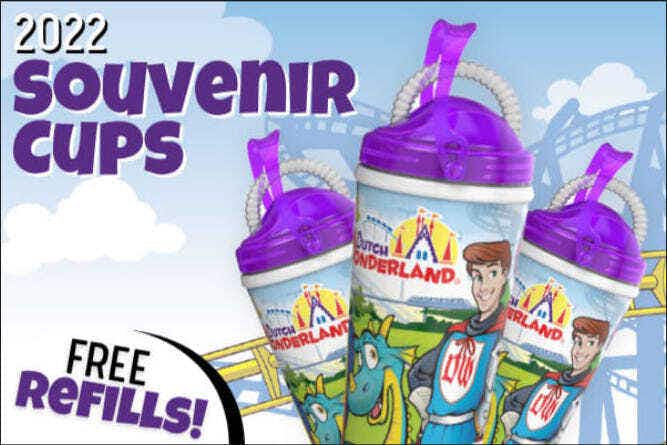 A screenshot of an advertisement for Dutch Wonderland's souvenir cups.