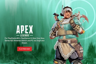 Apex Legends a free online game with character in armor with weapons on their back.