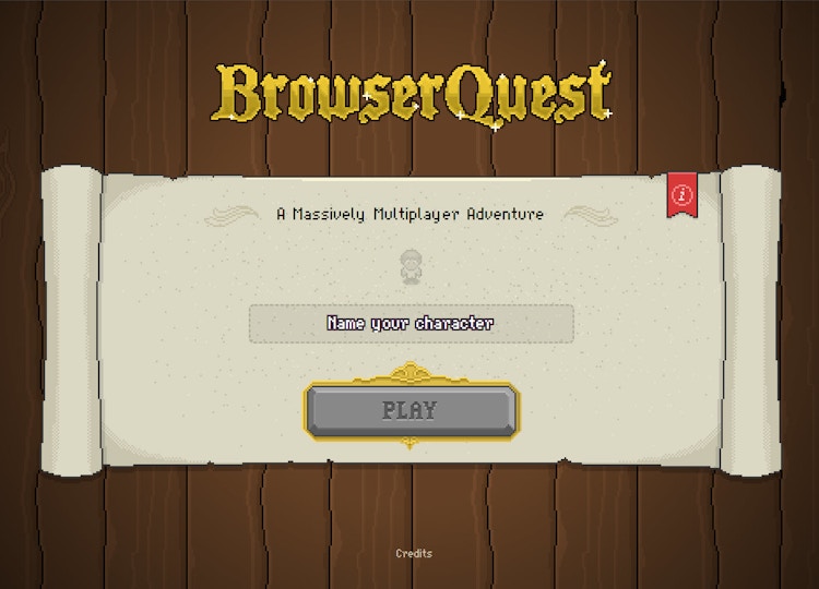 the online game BrowserQuest with a scroll that says name your character search box and a start button.