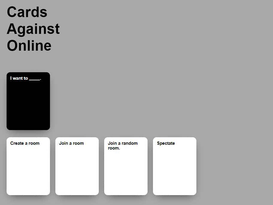 Cars Against online with four cards lined up on the left with one card above them.