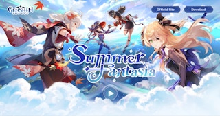 A screenshot of Genshin impact, an online game with characters flying around the clouds.