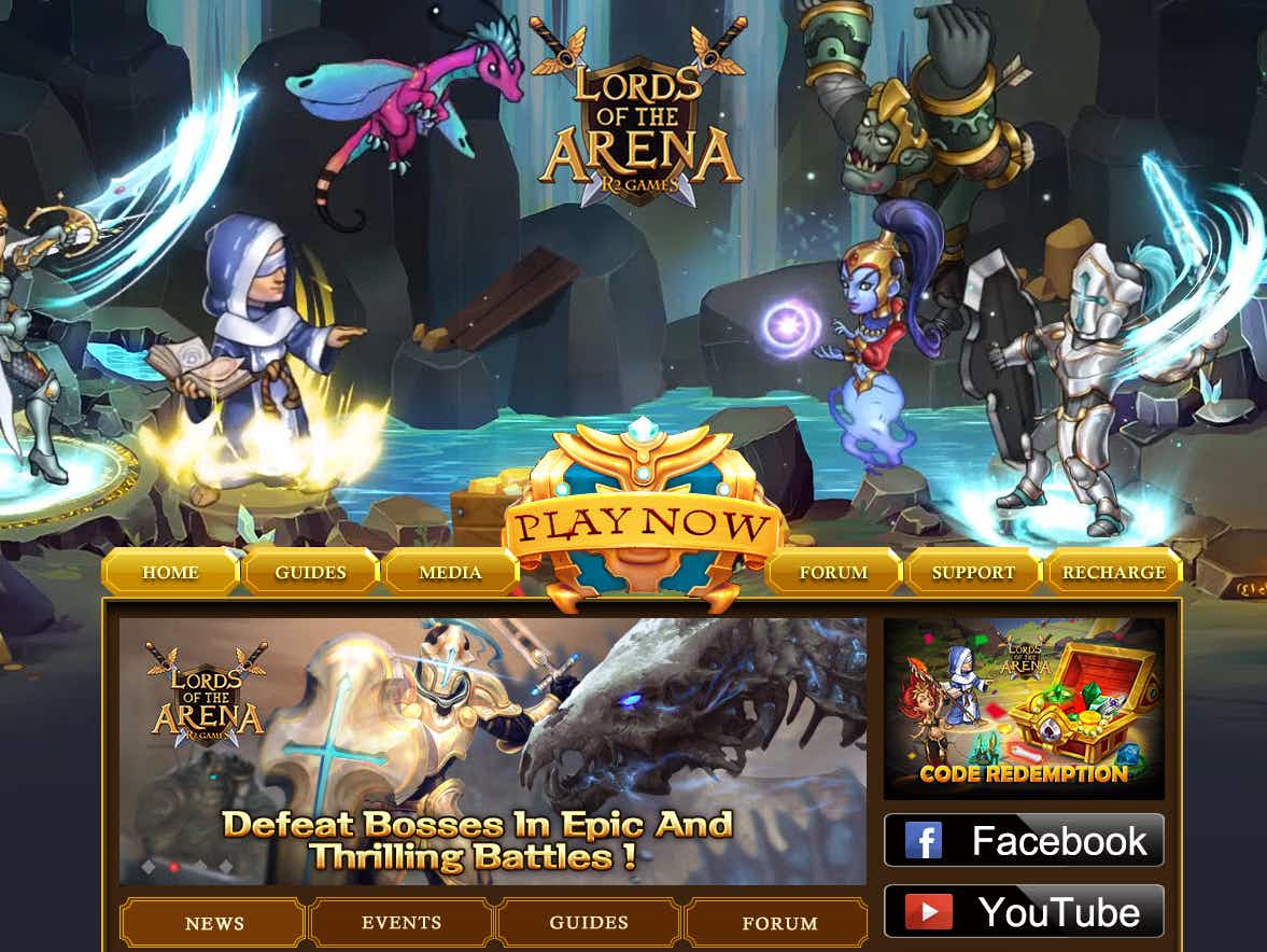 Lords of the Arena online game with cartoon characters dragons, wizards, and fairies.