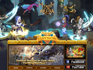 Lords of the Arena online game with cartoon characters dragons, wizards, and fairies.