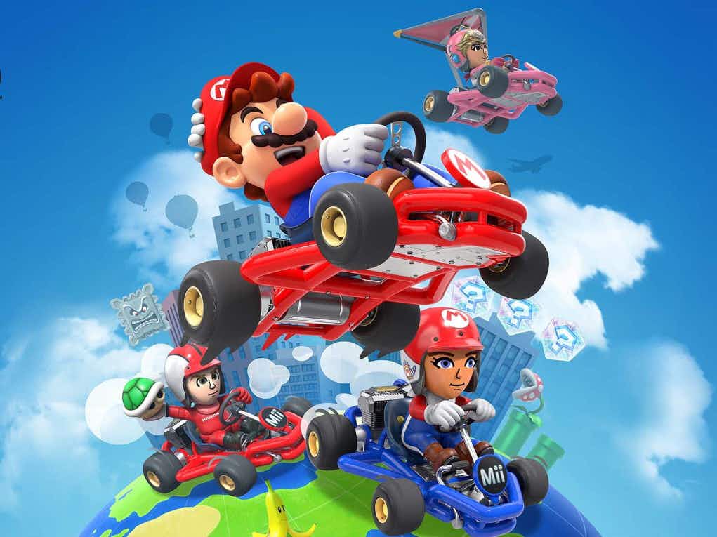 Mario Kart Tour character are driving cars flying off the earth out into the sky.