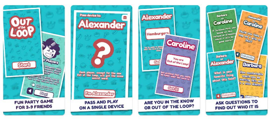 Out of the Loop online game has several cards one with names Alexander and Caroline.