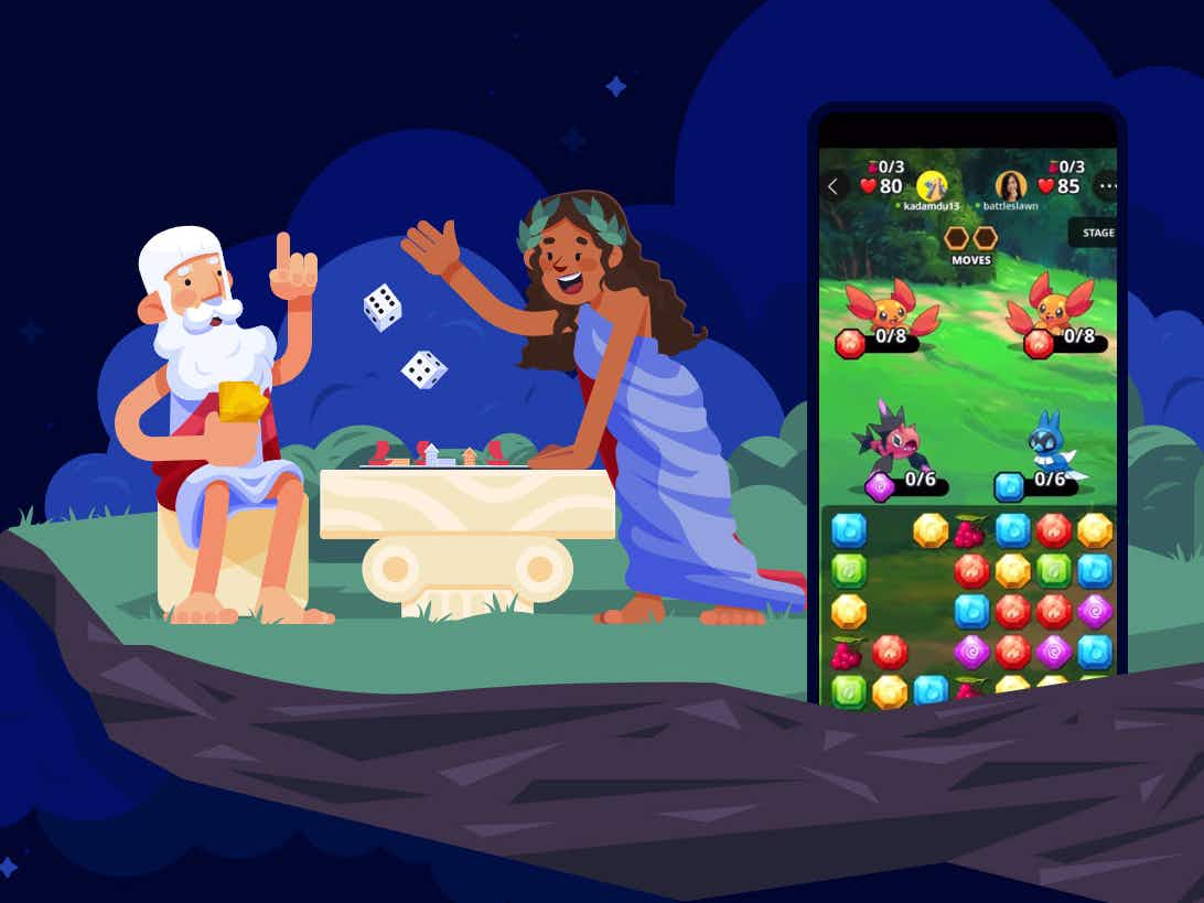 Plato online game with a mobile phone in the foreground with a man and woman in the background in togas playing dice.