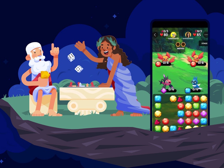 Plato online game with a mobile phone in the foreground with a man and woman in the background in togas playing dice.