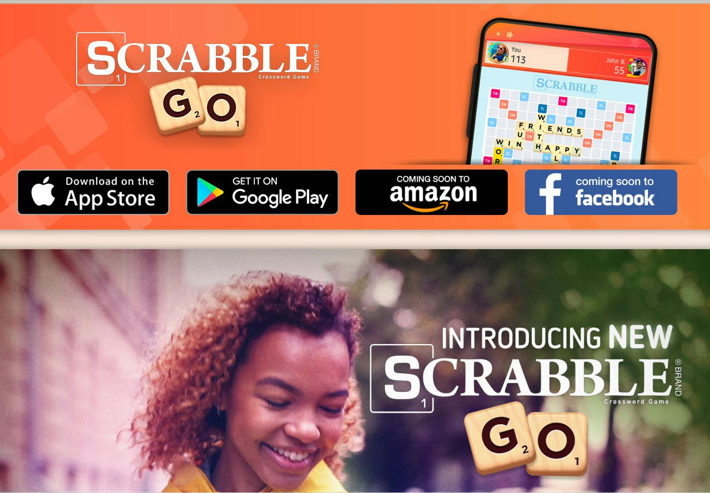 Scrabble Go online game with the words Scrabble Go and a lady looking down while smiling.