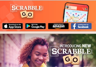 Scrabble Go online game with the words Scrabble Go and a lady looking down while smiling.