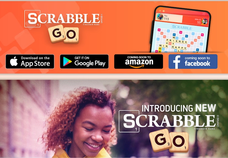 Scrabble Go online game with the words Scrabble Go and a lady looking down while smiling.