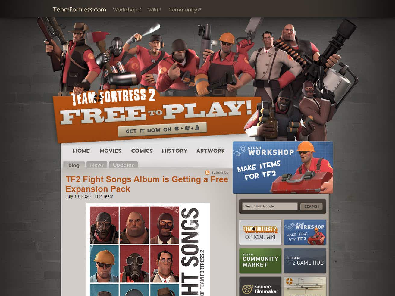 The Team Fortress 2 online game with several people with tools and weapons.
