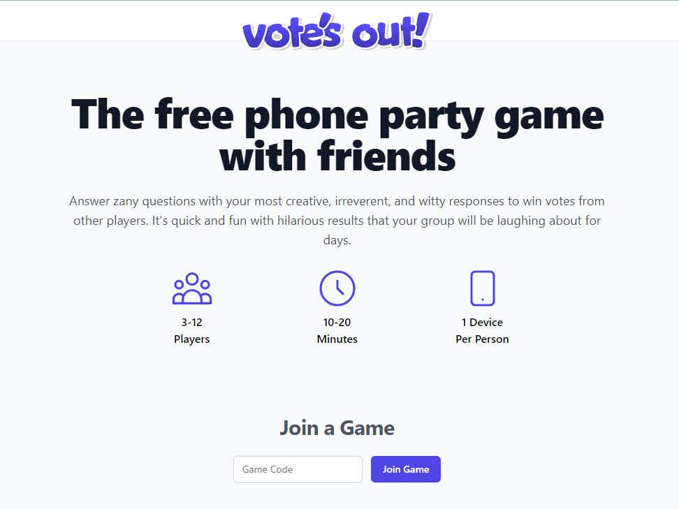 Vote's Out online game with the words "the free phone party game with friends" on the screen.
