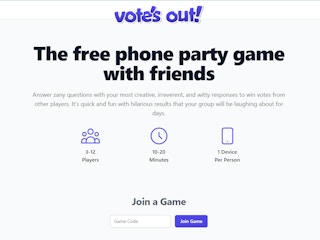 Vote's Out online game with the words "the free phone party game with friends" on the screen.