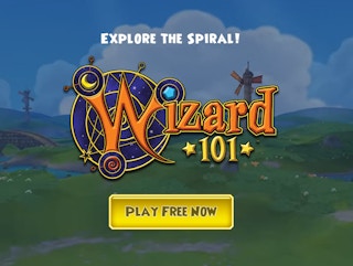A screenshot of the online game Wizard 101 that has a windmill and creek nearby.