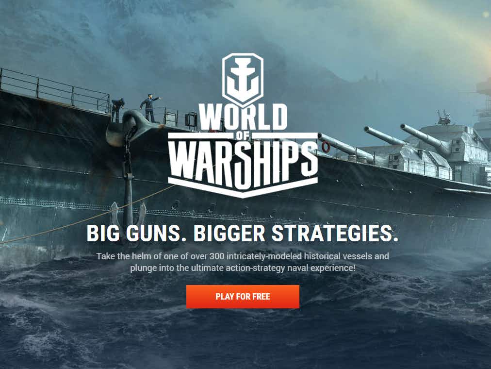A screenshot of the online game War of Warships with a warship on water.