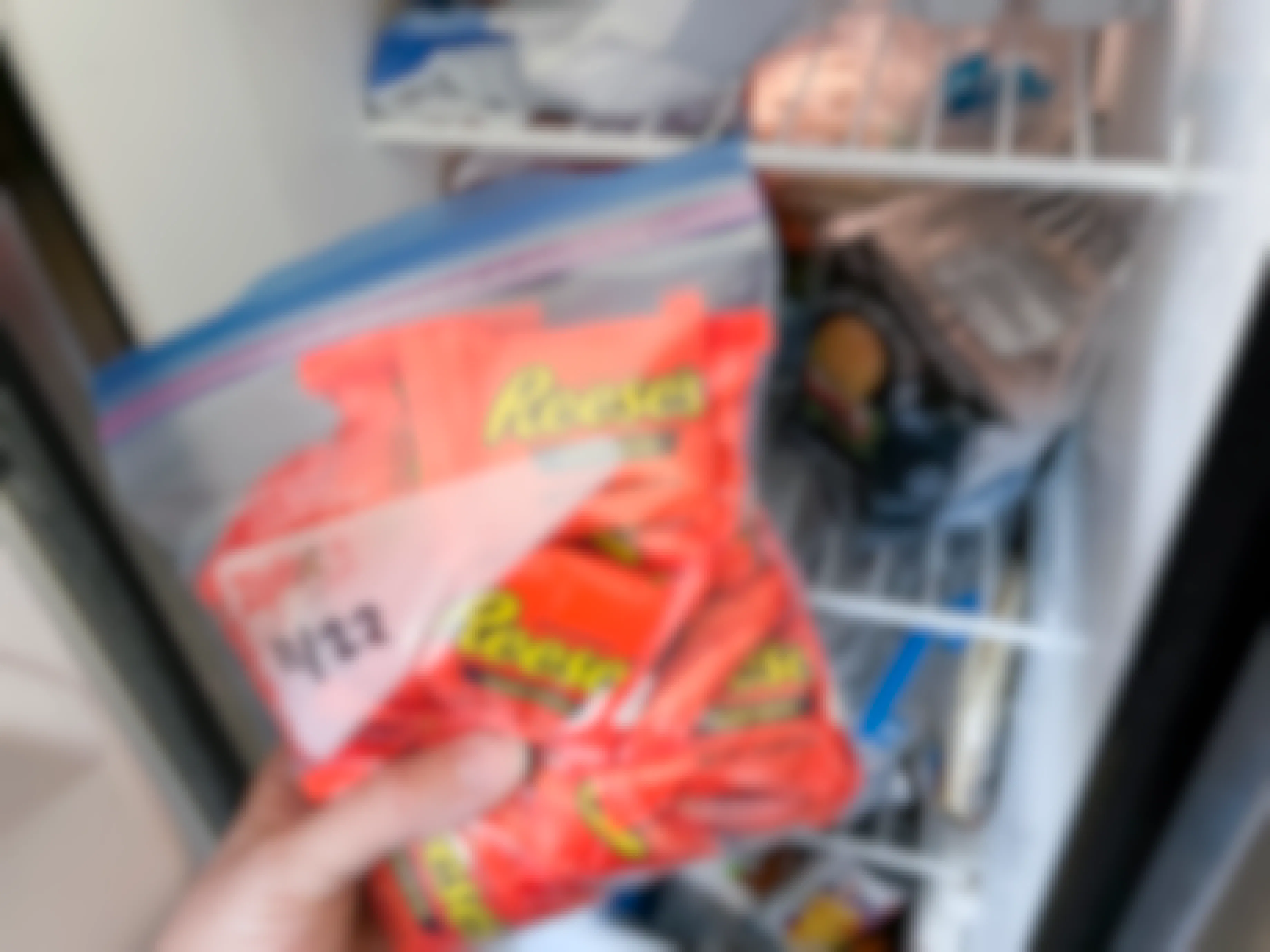 A person putting a Ziploc bag of leftover Halloween candy into their freezer.