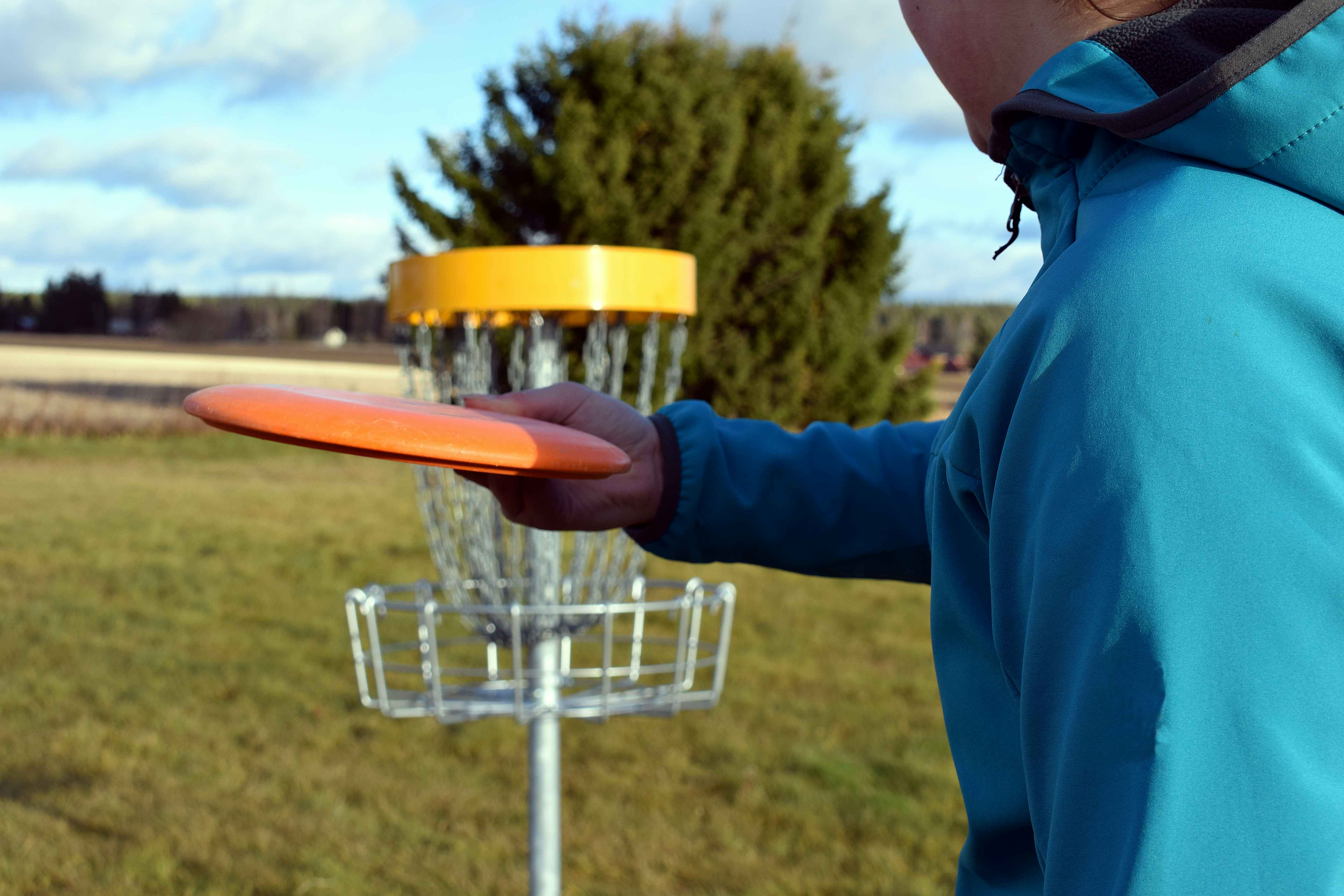 A person in a park playing disc golf, about to throw a frisbee at the goal.