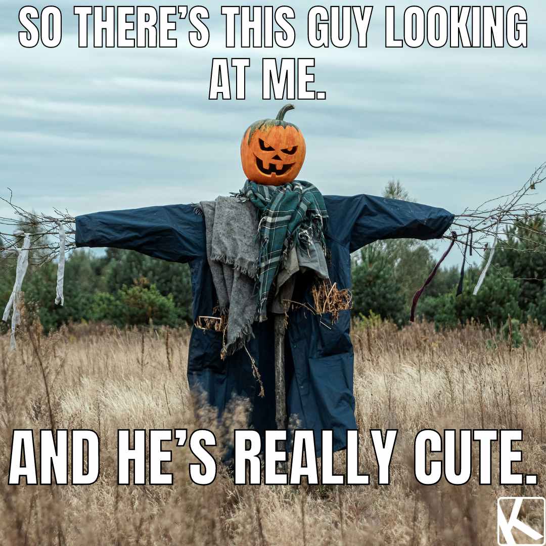 fall memes of spooky pumpkin head scarecrow