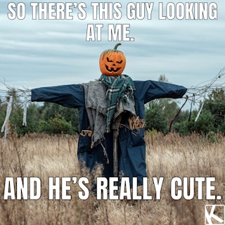fall memes of spooky pumpkin head scarecrow