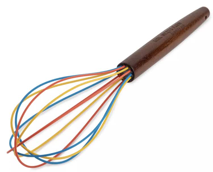 a colorful whisk with a bamboo handle