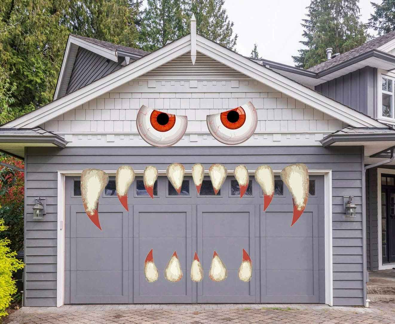 A garage decorated to look like a monster for Halloween.