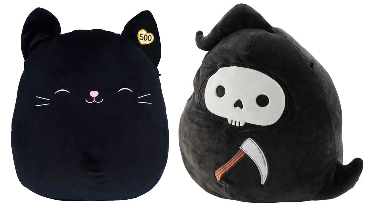 Rare Halloween Squishmallows Jack the black cat and Otto the Grim Reaper on a white background.
