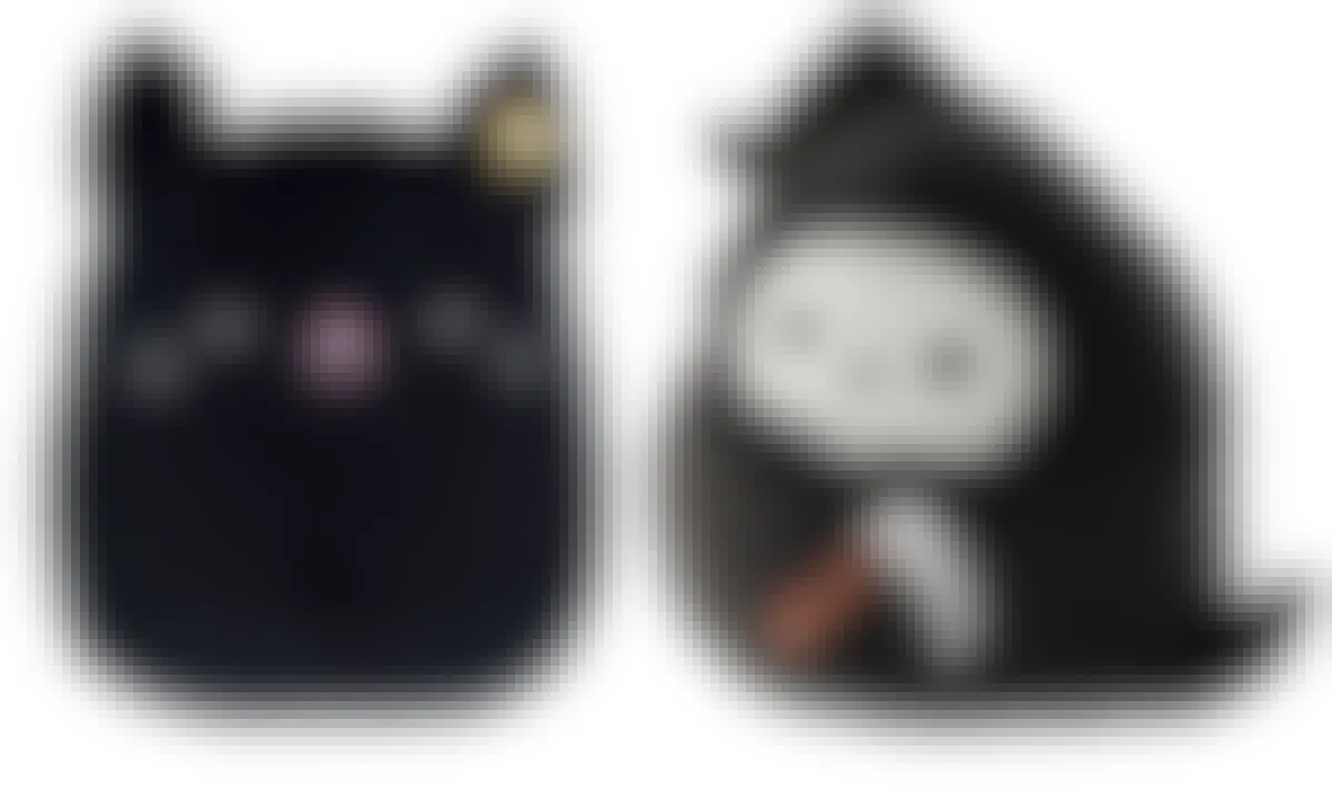Rare Halloween Squishmallows Jack the black cat and Otto the Grim Reaper on a white background.
