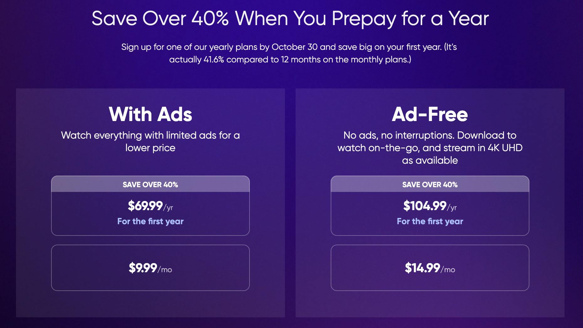A screenshot of the different plans for HBO Max subscription with and without ads.
