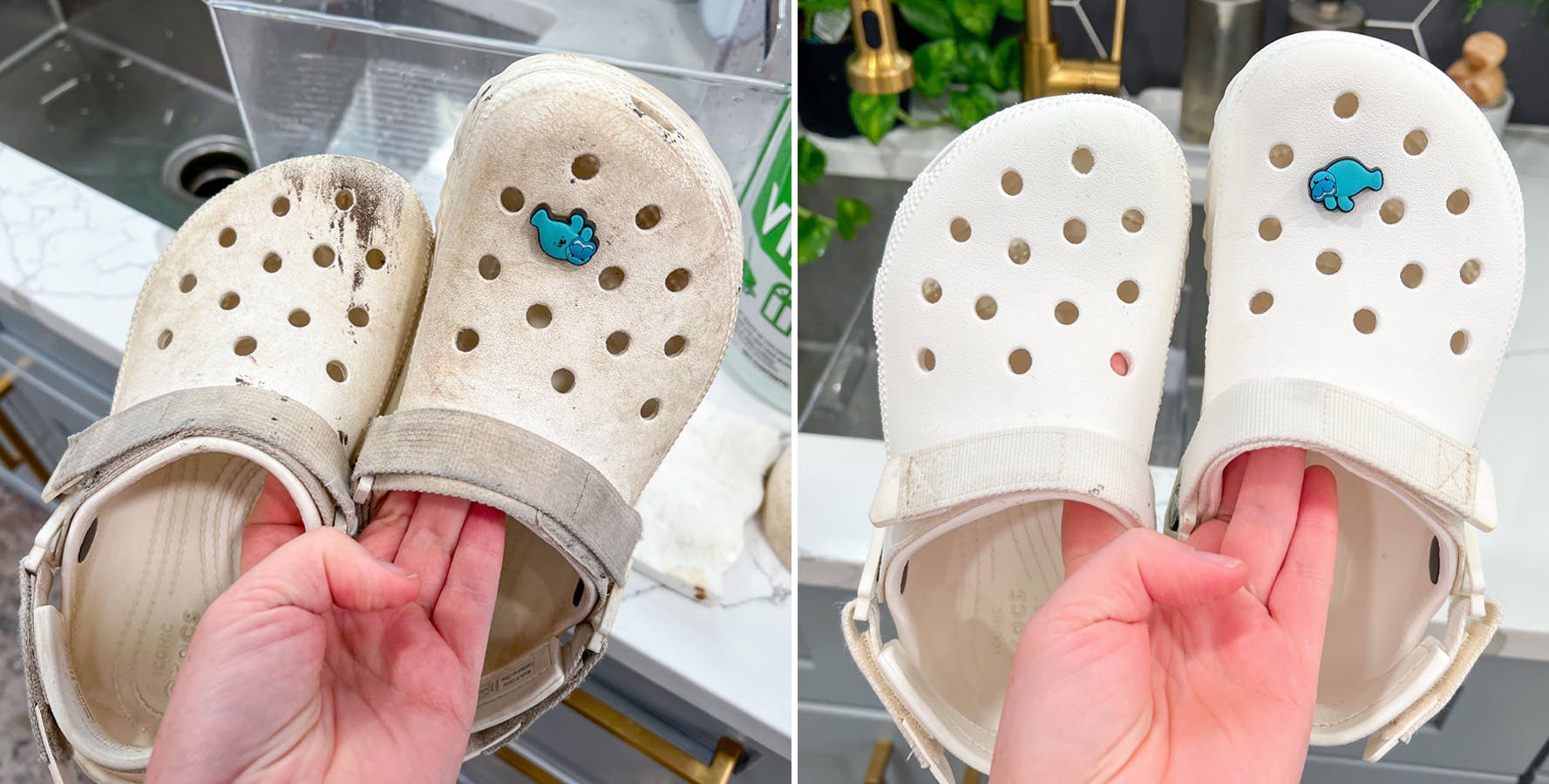 Two images side-by-side, one of a hand holding up a pair of dirty Crocs and the other of a hand holding up the same pair of Crocs after being cleaned.