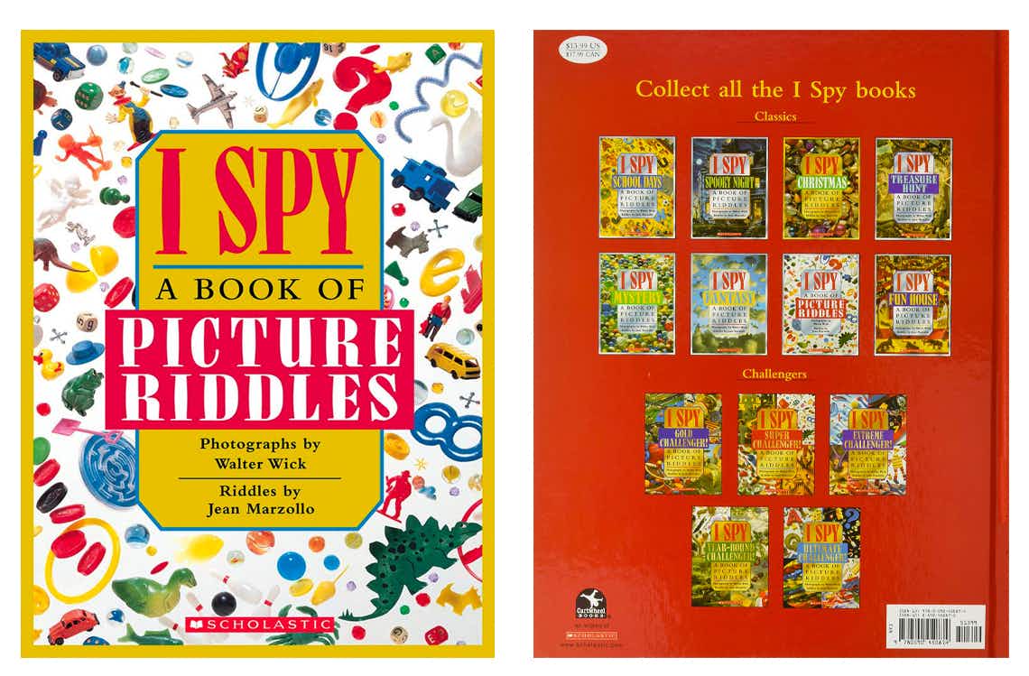gifts for 2 year olds - The front and back cover of an iSpy picture riddle book on a white background.
