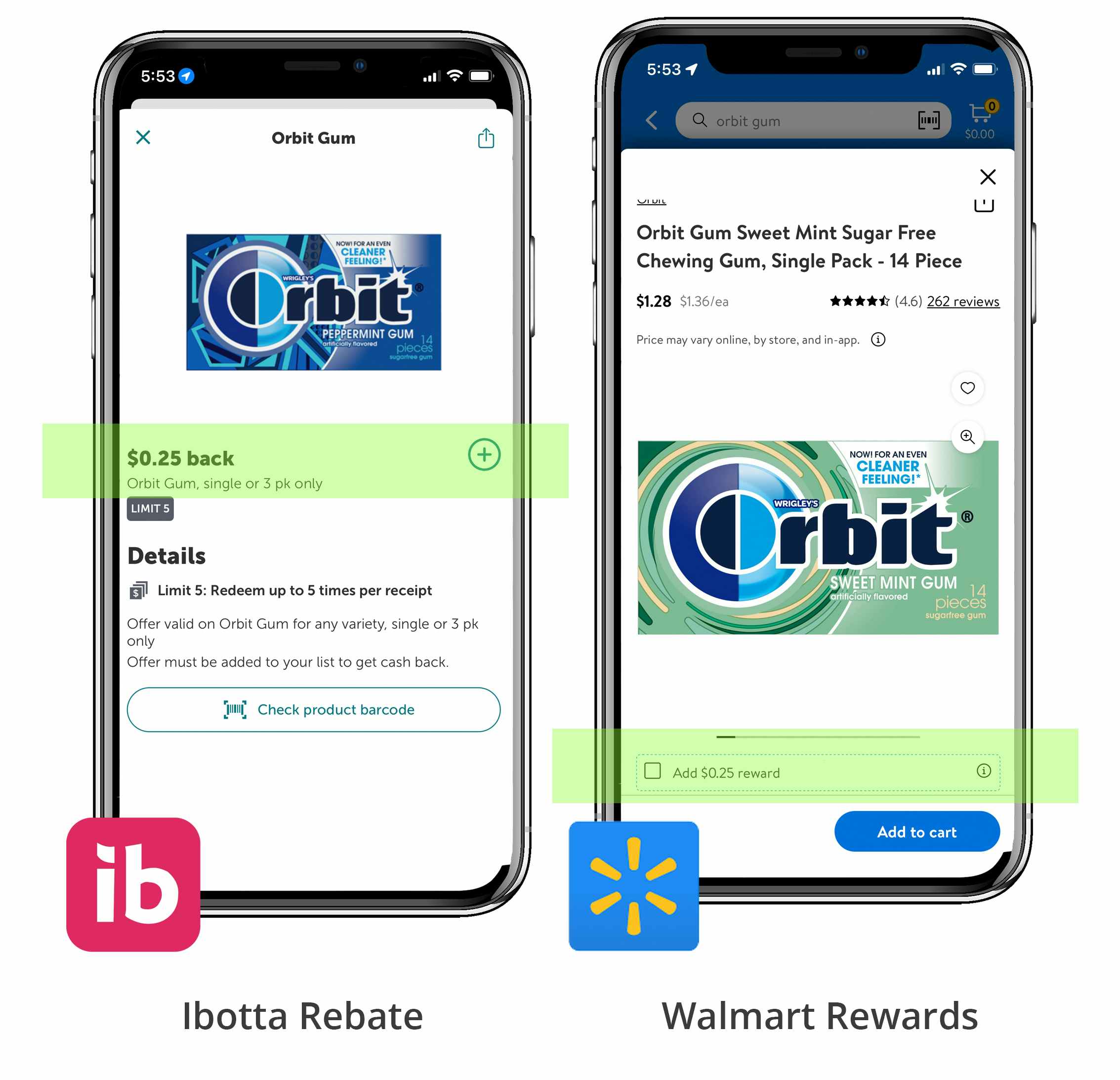 iphone screenshot of ibotta offers and walmart rewards matching on orbit gum