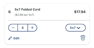 screenshot of 5"x7" photo card shopping cart