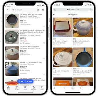 iPhones with results for Le Creuset products in eBay in Facebook Marketplace